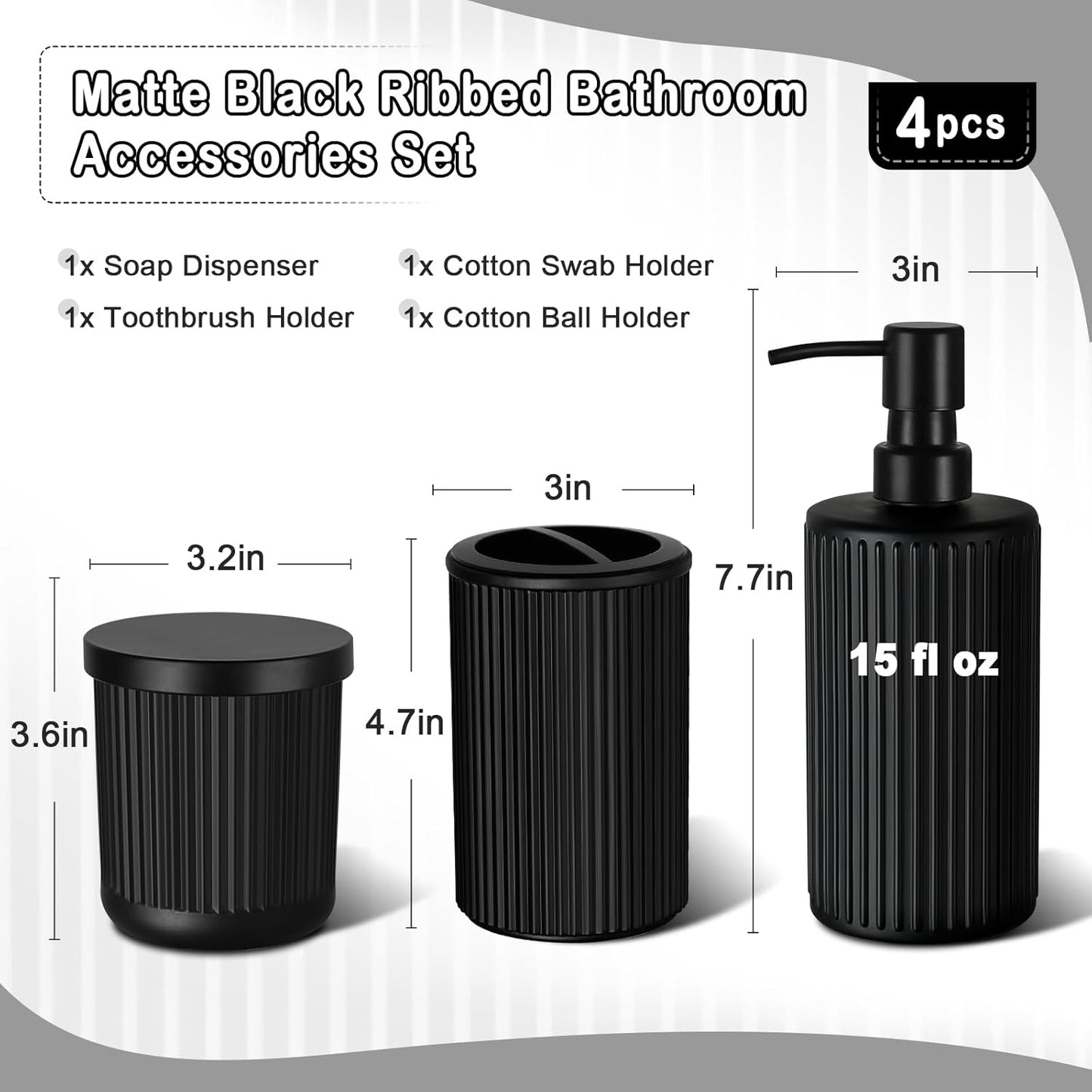 Matte Black Bathroom Accessories Set, 4 Pcs Glass Bathroom Accessory Set, Soap Dispenser, Toothbrush Holder, Qtip Holder Set, Bathroom Sets Complete, Bathroom Sink Set for Modern Home Decor