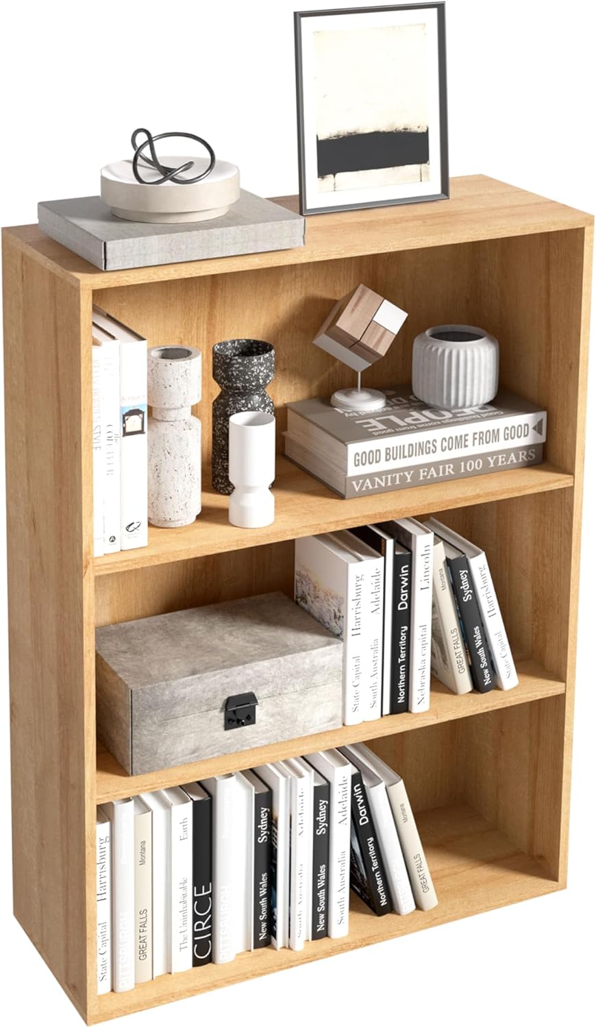 Wooden 3 Cube Storage Organizer,3 Tier Low Bookcase Storage Display Organizer, 33 Inch Versatile Cubes Shelf and Cubby Unit for Any Space (Natural Oak, 3 Cube-W(23.6inch)