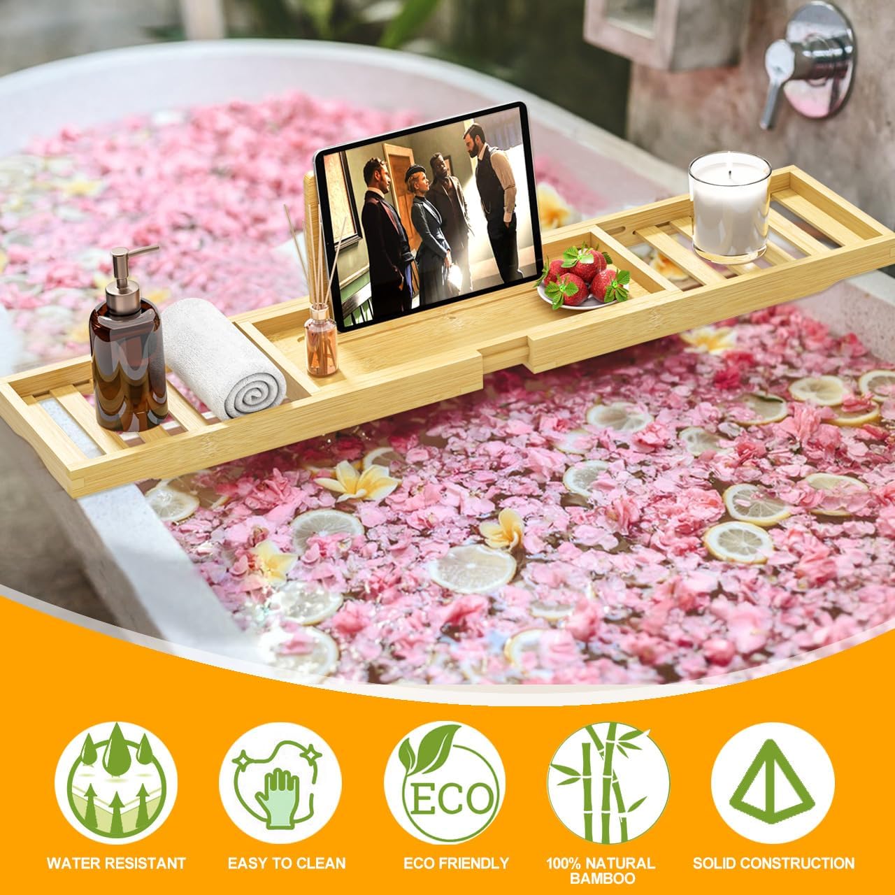 Bathtub Tray - Bath Tray Expandable - Bath Table Trays for Bathtub/Tub,Premium Bamboo Wooden, Fits Most Bath Tubs