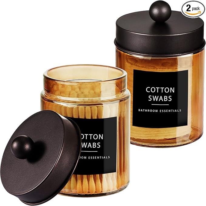 Amolliar Bronze Glass Apothecary Jar With Metal Lid & Stickers, Bathroom Qtip Holder Dispenser Storage Canister, Perfect for Cotton Balls, Cotton Swabs, Makeup Pads, Bath Salt, Floss, 2 Pack (Bronze)