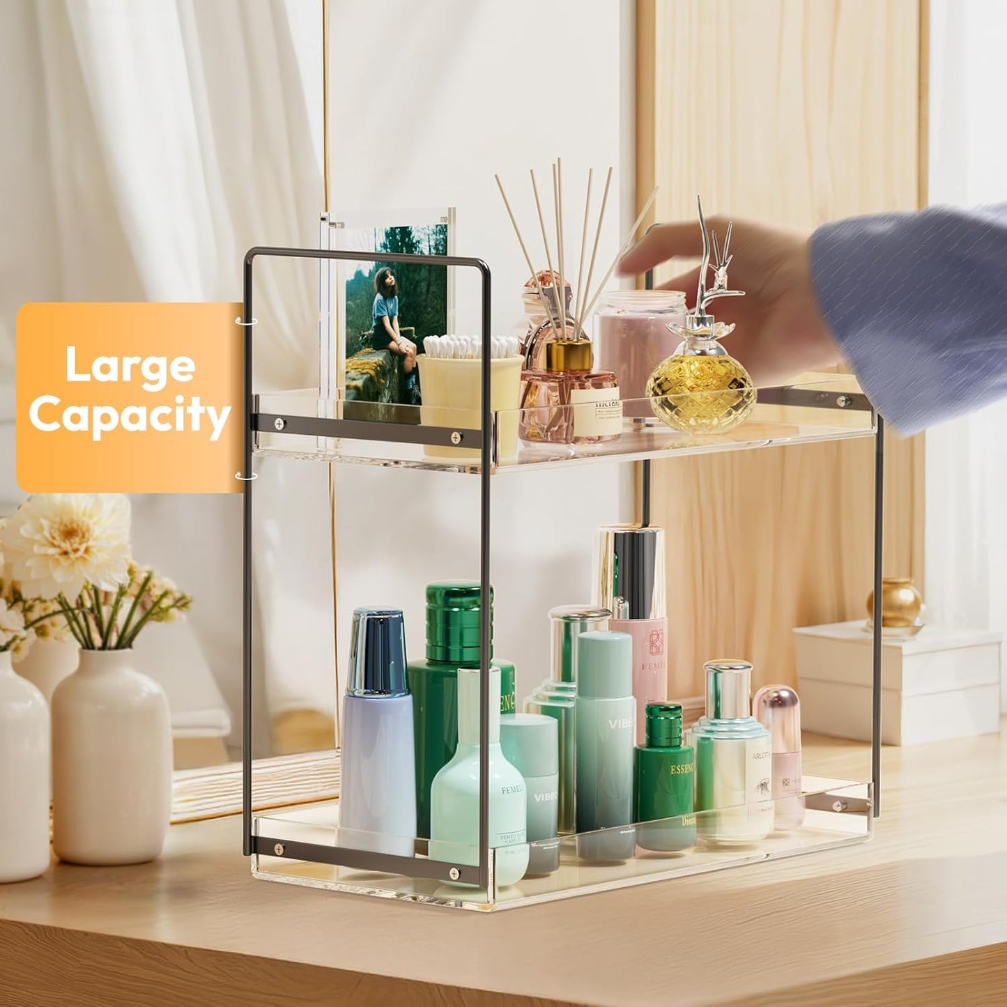 Bathroom Countertop Organizer, 2 Tier Acrylic Tray Vanity Counter Skincare Organizer Shelf, Home Storage Holder for Lotion Makeup Cosmetics Perfume Spice, Black+Clear