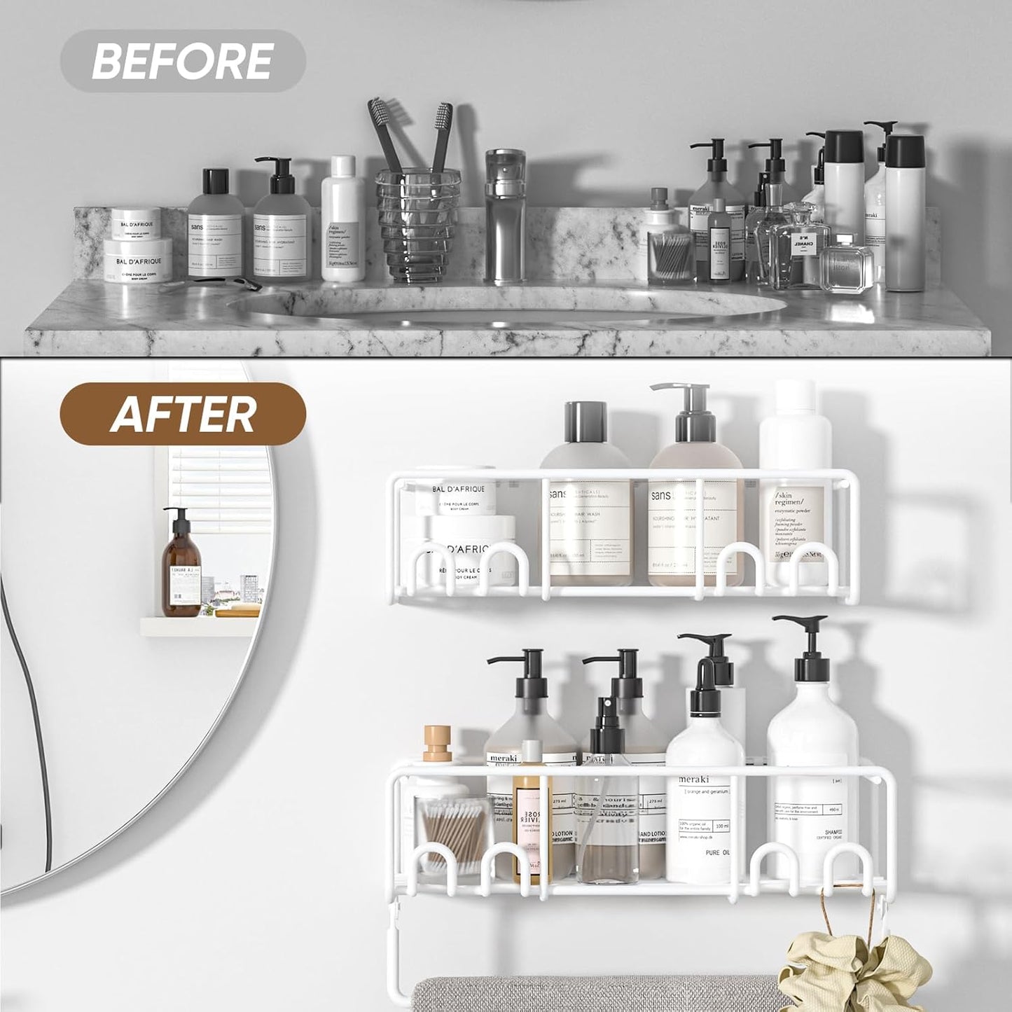 Adhesive Shower Caddy, Shower Shelves with Rustproof Coated, Wall Mounted Bathroom Organizer, Sleek Bathroom Organizers and Storage, No-Drilling (White, 2 Pack)