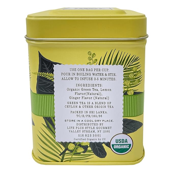 Organic Lemon Ginger Ceylon Green Tea - 50 Packets - Natural Antioxidant Rich Herbal Leaf Teabags - USDA Certified 100% Non-GMO - Caffeinated Premium Designer Tin