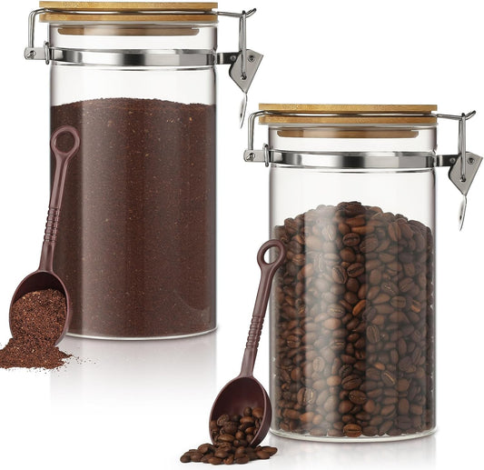 2 Pack 40.5oz Coffee Bean Storage Container with Airtight Bamboo Lids Glass Airtight Coffee Canister with Scoop Storage Container for Grounds Tea Cereal Sugar