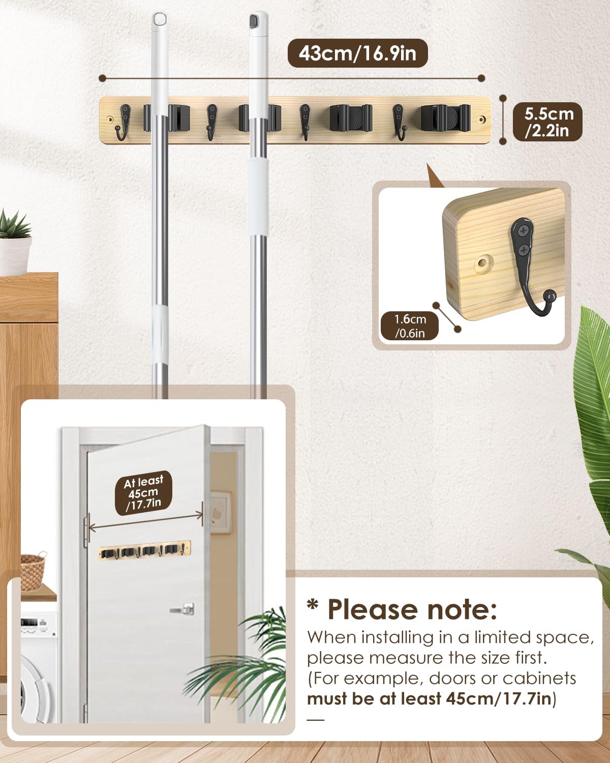 Broom Holder Wall Mounted, Light Wood 4 Holders and 4 Hooks Mop Holder, Wooden Mop and Broom Holder with Anti slip rubber, Natural pine wood Brush Holder, Mop Wall Holde with Nail installation