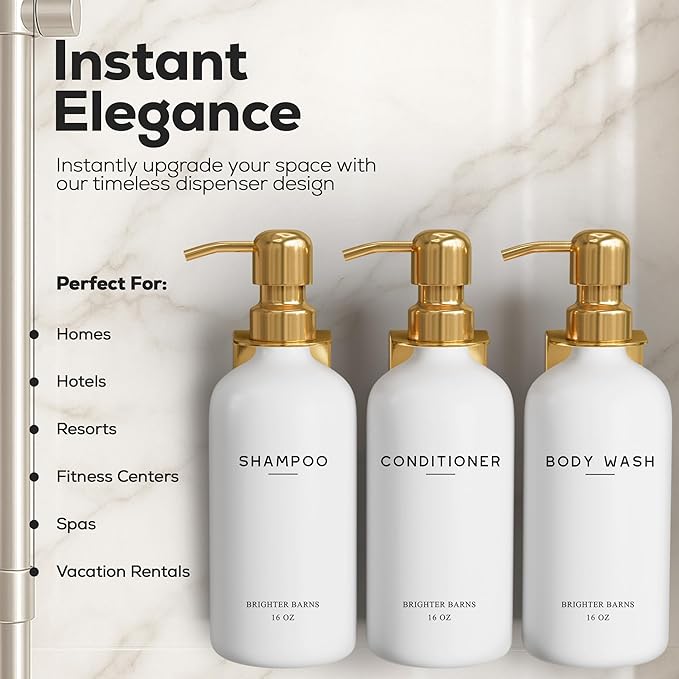 Luxury Shampoo and Conditioner Dispenser Set Wall Mounted by Brighter Barns - Refillable Shampoo and Conditioner Bottles - Shower Dispenser 3 Chamber No Drill - White and Gold Bathroom Decor (Gold)