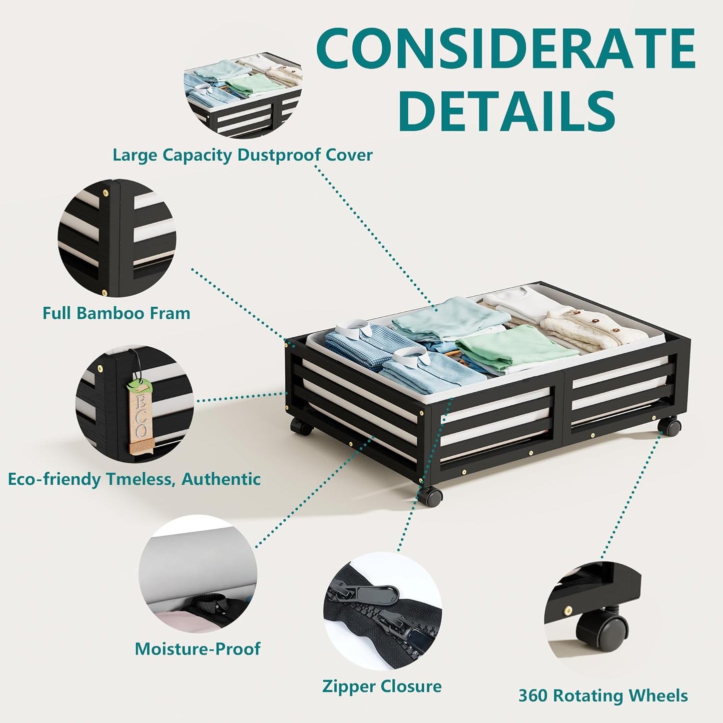 Bamboo Under Bed Storage Containers- Underbed Organizer with Wheels with Large Dust Bag,Sturdy Wood Rolling Under the Bed Shoe Storage Organizer Drawer 2 Pack