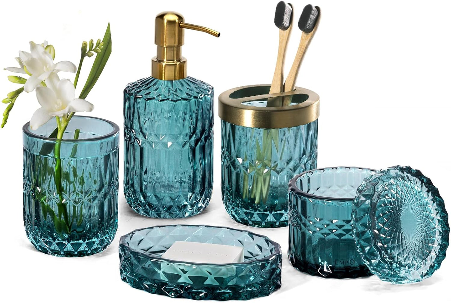 EMPO 6PCS Bathroom Clear Glass Accessories Set (Lotion Soap Dispenser, Soap Dish, Toothbrush Holder, Tumbler, Cotton Swab Jar), Contemporary Modern Decor Crystal Vintage Gift (6pcs Ocean Teal Blue)