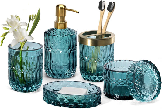 EMPO 6PCS Bathroom Clear Glass Accessories Set (Lotion Soap Dispenser, Soap Dish, Toothbrush Holder, Tumbler, Cotton Swab Jar), Contemporary Modern Decor Crystal Vintage Gift (6pcs Ocean Teal Blue)