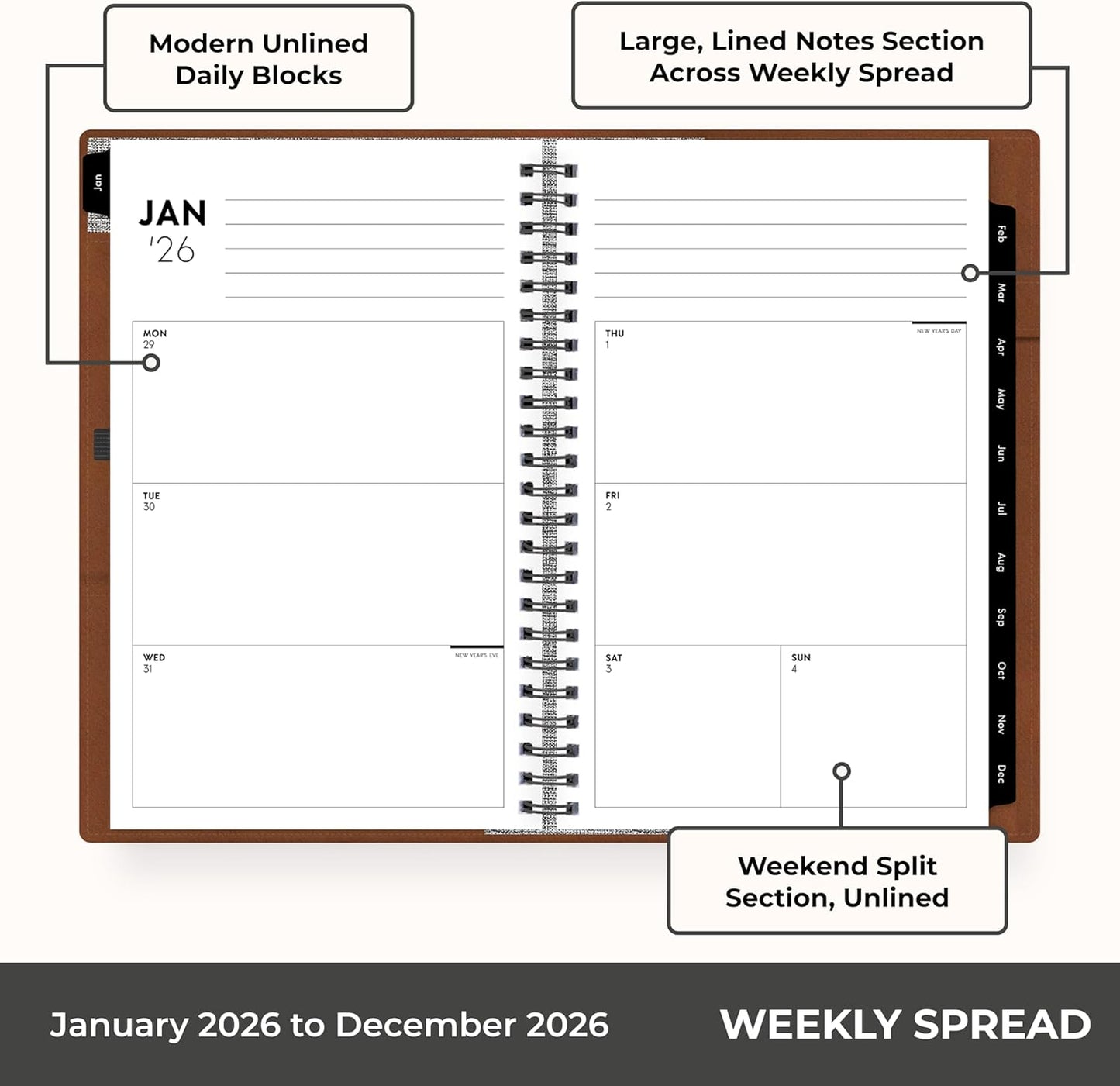 Blue Sky ASMBLD 2026 Weekly and Monthly Planner Calendar, January 2026 - December 2026, 5" x 8", Faux Leather Cover, Durable Twin Wire Binding, Storage Pocket, Laminated Tabs, Refillable, Pen Loop, Tan