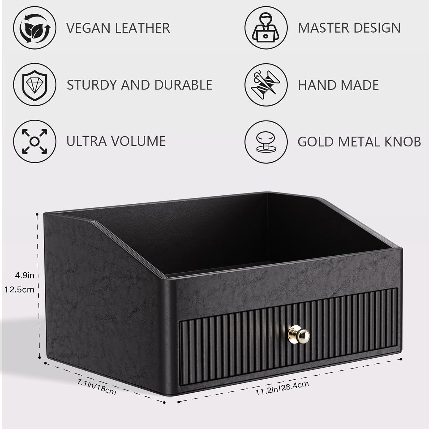 Desk Accessories,Black Vegan Leather Desk Organizers with 1 Draw & Tray,Remote Control Holder with Gold-Tone Metal Accents Knob for End Tables,Bedside Table,Bedroom