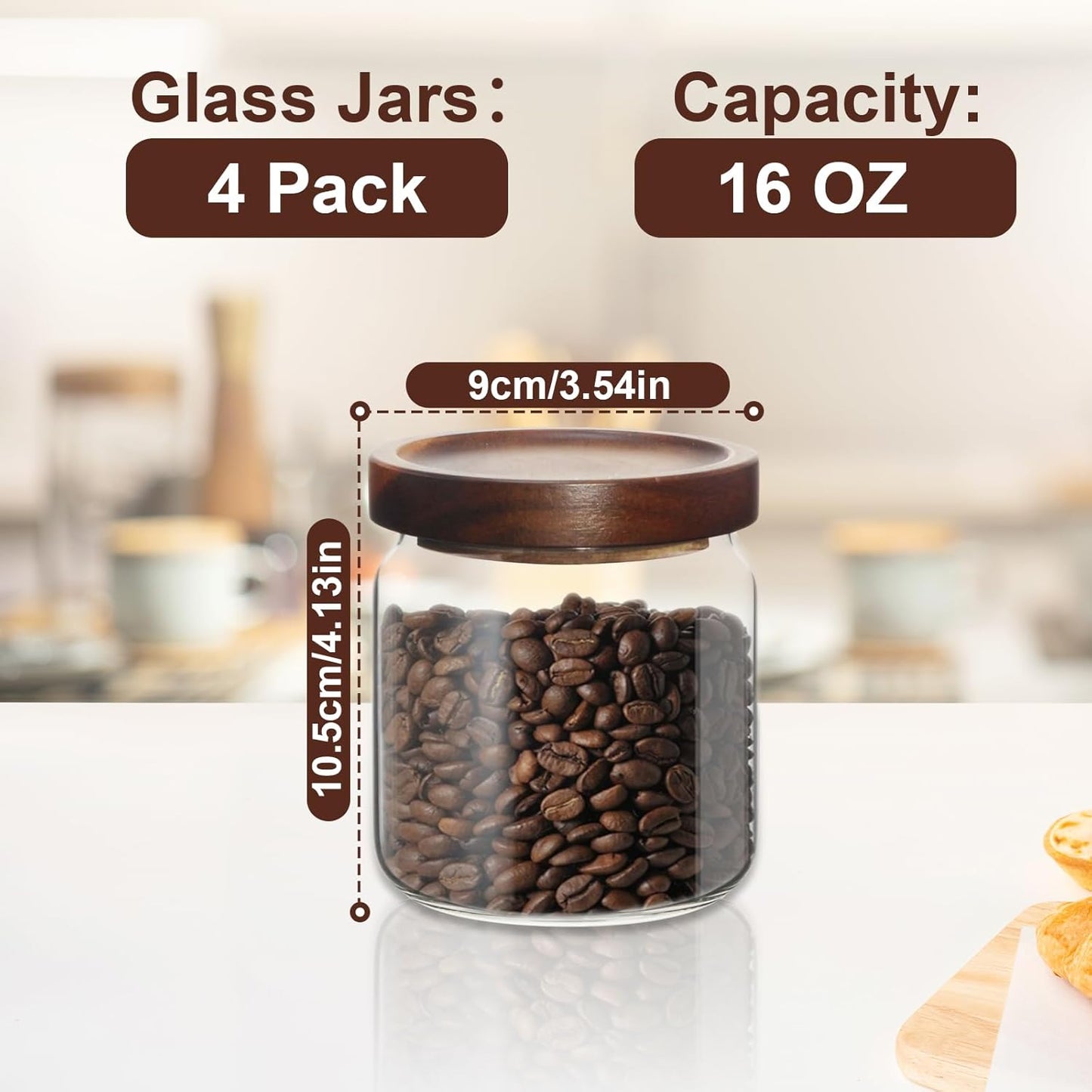 16oz Glass Airtight Food Storage Jars with Acacia Wood Lid - Kitchen Canisters for Coffee,Tea,Sugar,Spices,Herbs,and Candy - Airtight, and Stylish for Pantry or Countertop (4PCS)