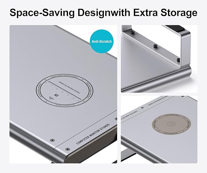 Monitor Stand HUB - Aluminum Riser with 6-in-1 Docking Station: 4K HDMI, USB-C, USB 3.0, PD 100W, Wireless Charging, Drawer Organizer - Gray