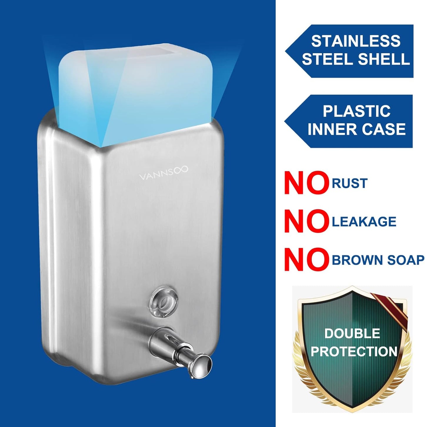 Commercial Wall Mount Stainless Steel Soap Dispenser, Corrosion Proof Lining Liquid Hand Sanitizer Dispenser Bathroom 1100ml / 37oz. (Vertical)