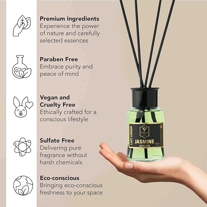 Reed Diffuser Set with Sticks for Home – Bathroom, Bedroom & Office Aromatherapy – Long Lasting Scented Oil Diffuser with Sticks – Luxury Room Fragrance Diffuser 55ml,1.7 fl oz (Jasmine)