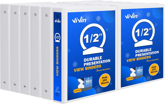 3 Ring Binder 1/2 Inch, ViVin Sturdy 0.5"-Round Ring Binder with 2 Interior Pockets, Clear View Cover, PVC-Free, Fits 100 Sheets of 8.5'' x 11'' Paper, Office Home School (12 Pack, White)