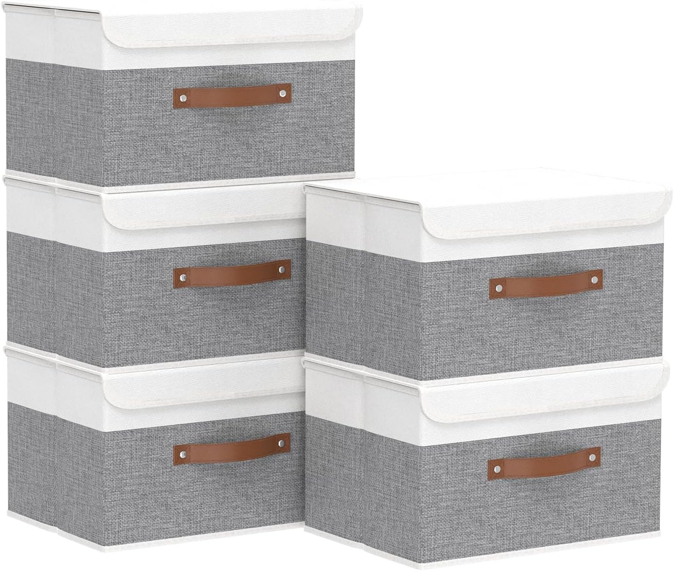 Yawinhe Collapsible Storage Bin, Cube Organizer Basket, Fabric Box with Lids, Washable and Leather Handle, for Home, Closet, White/Grey, 13.0''Lx9.0''Wx7.9''H, 5-Pack, SNK024WGS-5