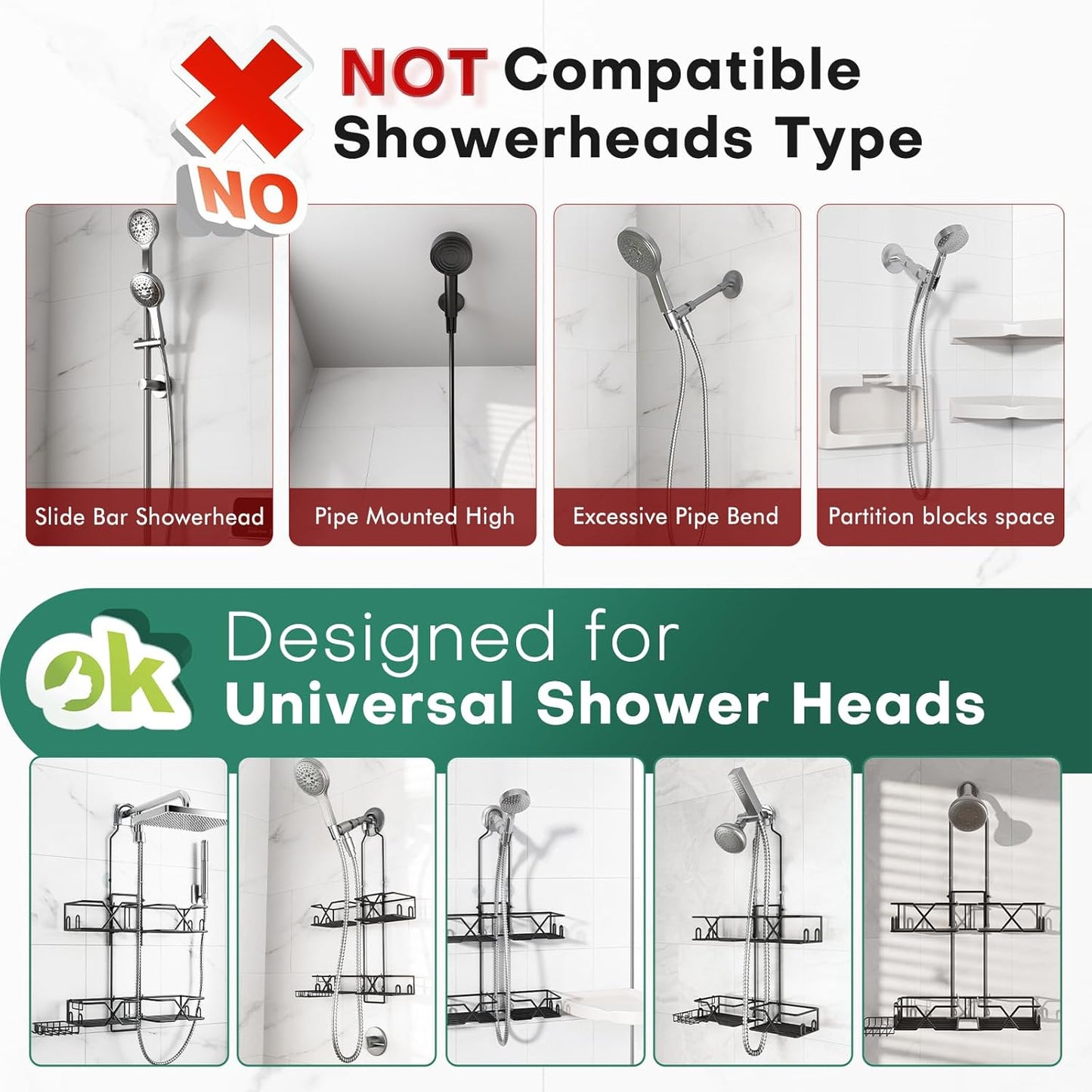 Stainless Steel Hanging Shower Caddy for Handheld Shower Heads,Adjustable Height Extra Long Bathroom Shower Organizer Hanger Rack with Hooks,Soap Holder