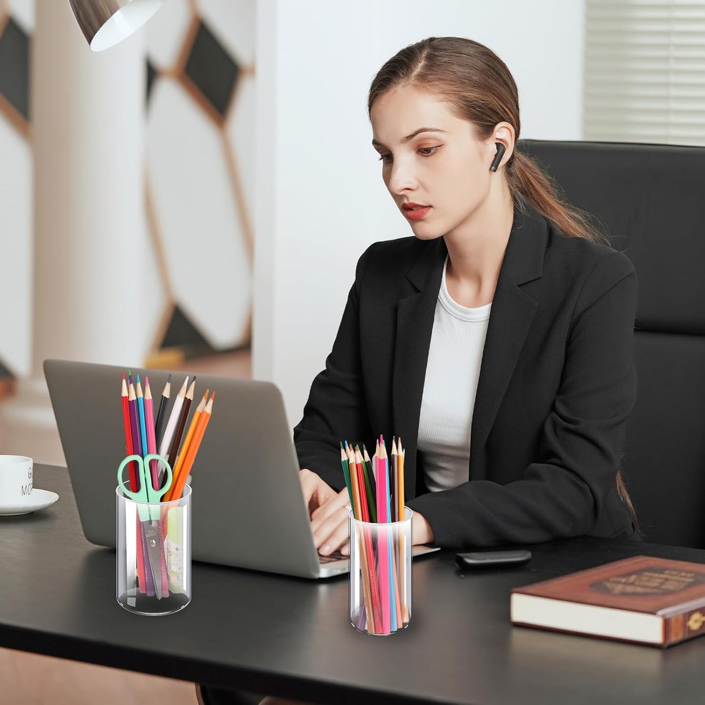 Acrylic Pen Holder 2 Pack, Acrylic makeup brush holder, Clear Pen Cup, Acrylic Cylinder Perfect for Desk organizer, Cylinder