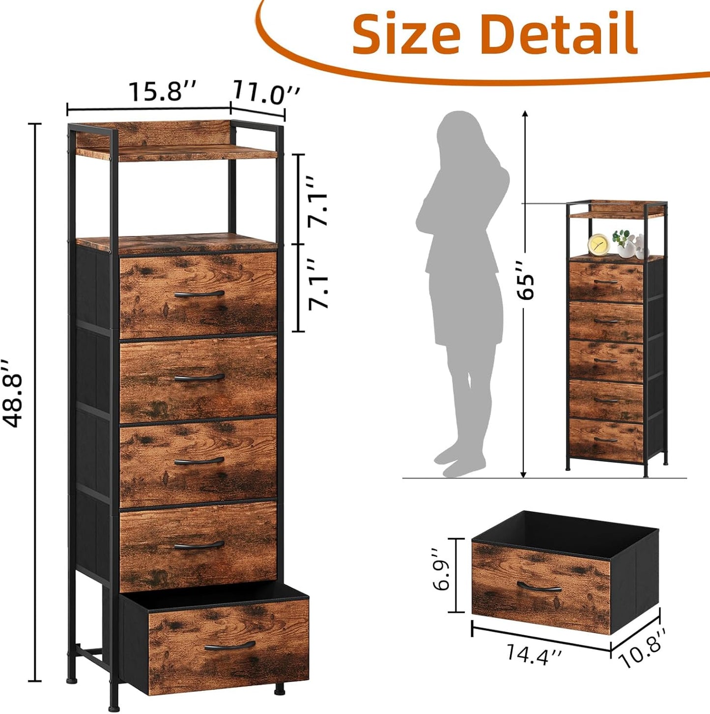 Somdot Tall Night Stand for Bedroom,Tall 5 Drawers Dresser, Vertical Storage Tower Unit, Nightstand Furniture with Fabric Drawer Organizer in Bedside Kids Room, Laundry Entryway, Wood Grain Print