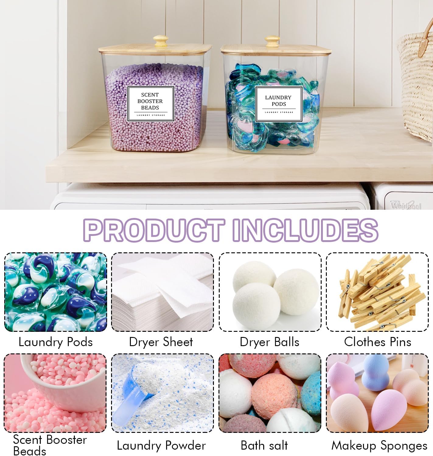 2 Pack Laundry Pods Container,Laundry Room Organization and Storage Containers with Wooden Lids & Labels Large Laundry Detergent Container for Powder,Scent Booster,Pods,Dryer Ball