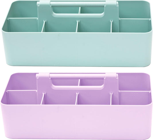 Portable Caddy Organizer -2 Stackable Plastic Caddy with Handle | Desk, Makeup, Dorm Caddy, Classroom Art Organizers (Made In Usa) (Mint/Lavender)