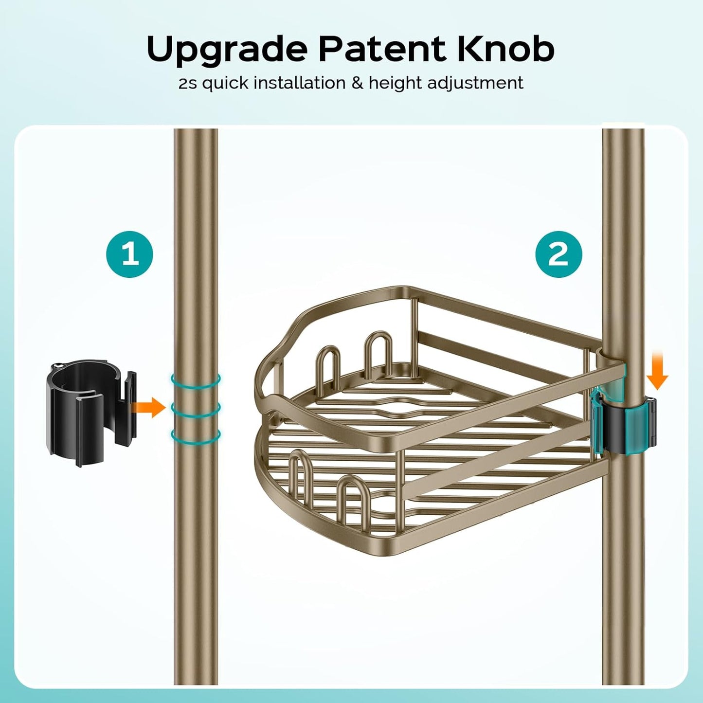 HAMITOR Corner Shower Caddy Tension Pole: Rustproof 4-Tier Bathroom Organizer Shelves for Bathtub Shampoo Storage - 47-121 Inch Quick Install Adjustable Rod Standing Rack with Soap Rack - Matte Gold