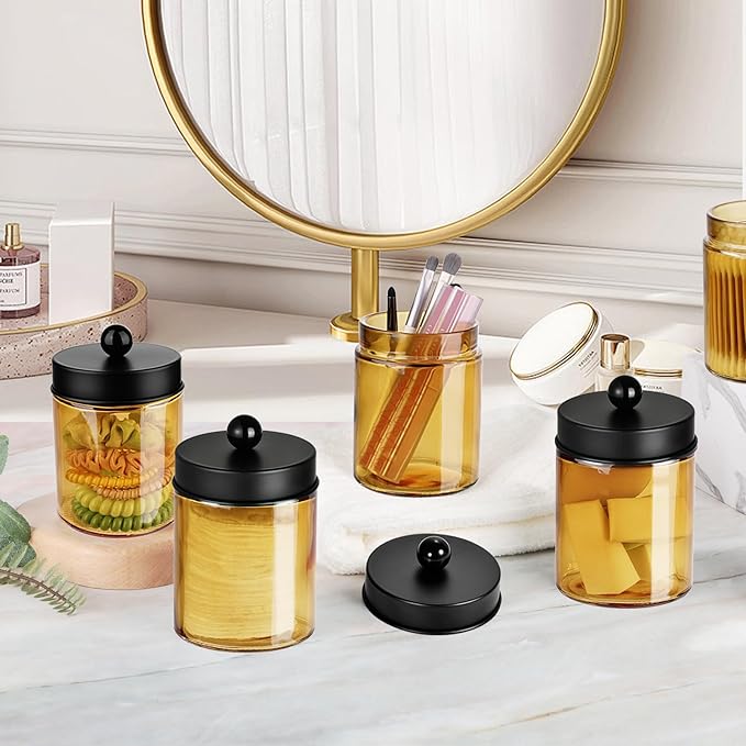 Amolliar Bronze Glass Apothecary Jar With Metal Lid & Stickers, Bathroom Qtip Dispenser Storage Canister, Perfect for Cotton Balls, Cotton Swabs, Makeup Pads, Bath Salt, Floss, 2 Pack (Black)