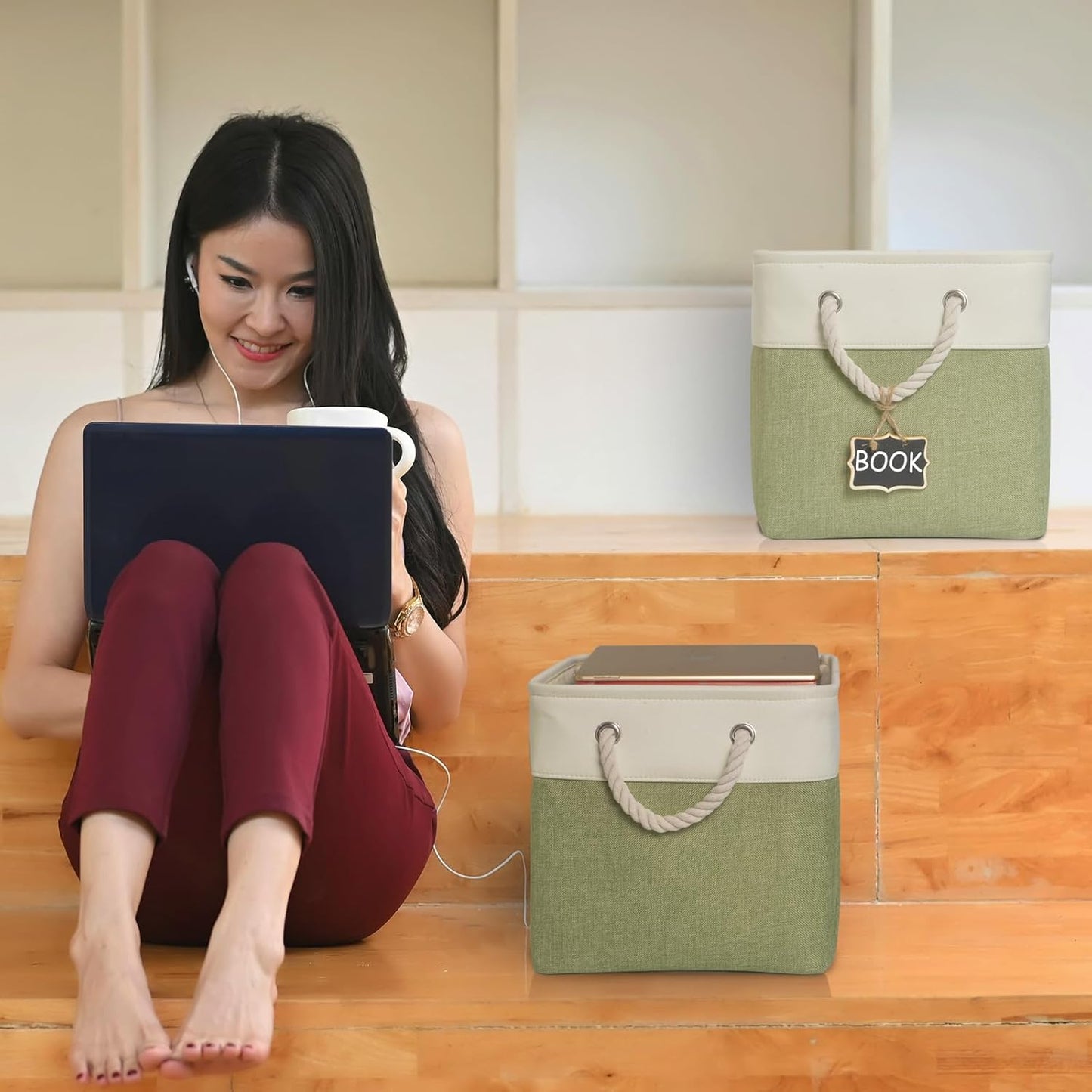 11x11 cube storage bins[6 Pack],Cube Storage Organizer Bins with Rope Handles, Eco-Friendly Linen Collapsible Organizers for Closet, Nursery, Toys, Office, Bathroom – Dual Color Design.(White&Green)