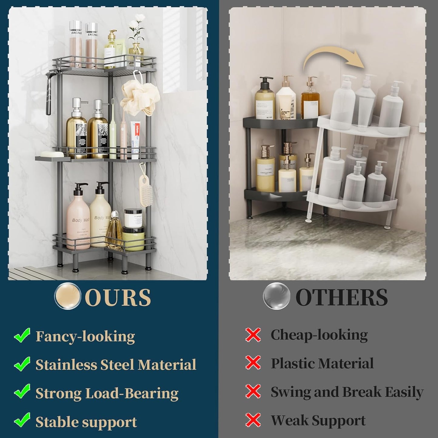 Consumest Corner Shower Caddy Standing - 3-Tier Stainless Steel Shower Organizer with Soap Holder and 4 Hooks, Large Capacity Corner Shelf Stand for Bathroom, Rest Room, Grey