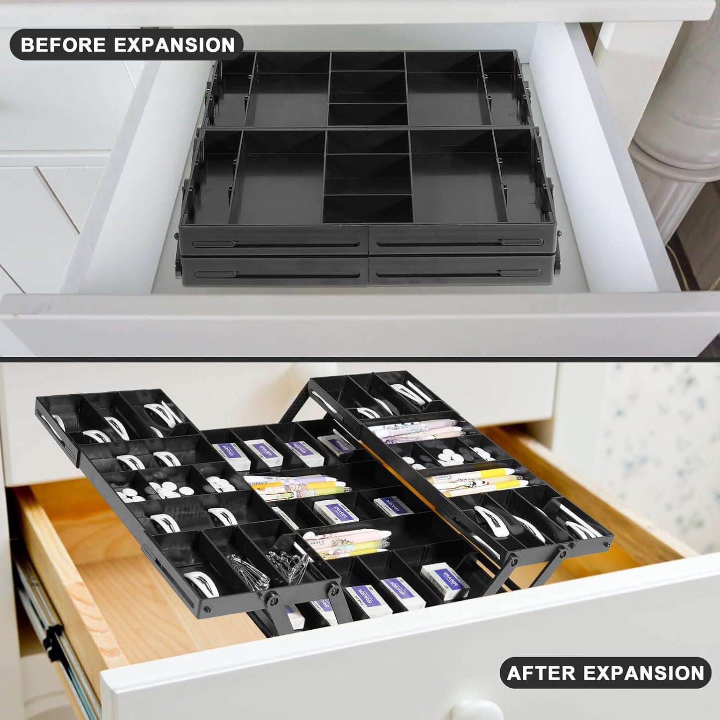 Aobiono Multi Level Smart Drawer Organizer, Multi Tier Expandable Storage Collapsible Foldable Trays for Jewelry, Cosmetics, Makeup, Tools, Battery (Black, Double Row - 2 Levels)