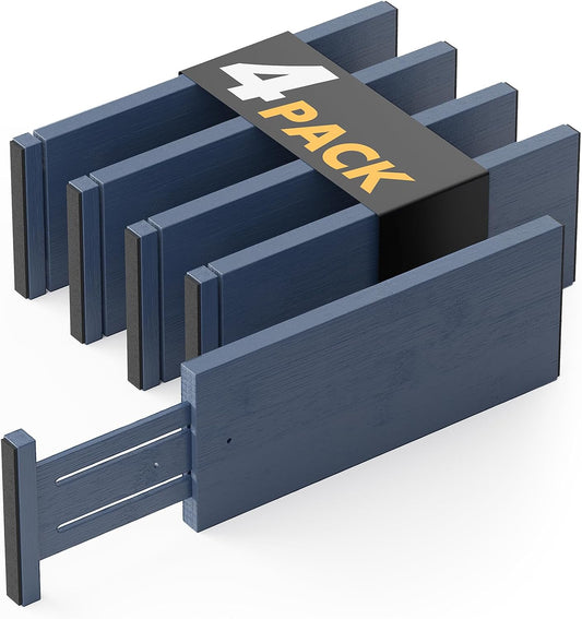 SpaceAid Bamboo 4 Pack Dresser Drawer Dividers, 4.65“ High Adjustable 12.5“-17” Drawer Organizers, Expandable Organization for Clothing, Clothes, Dressers, Navy Blue