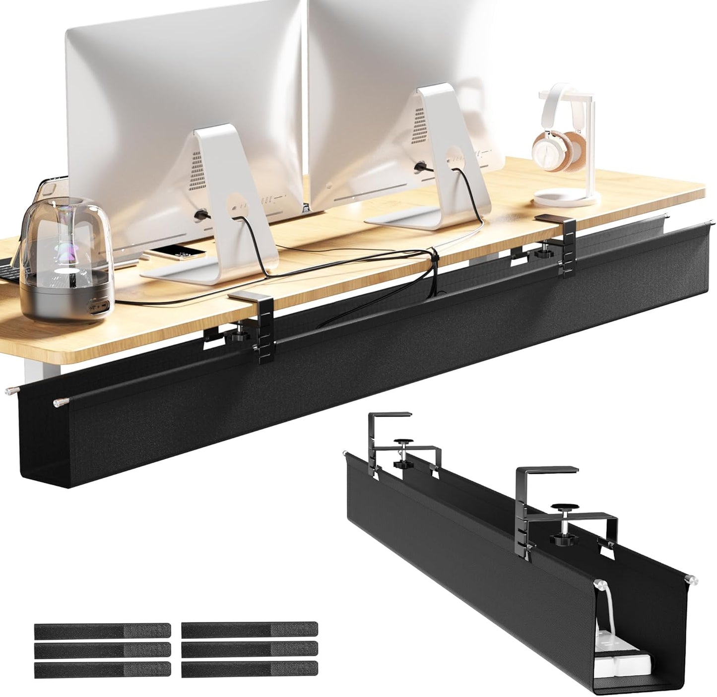 [Upgraded] Large Under Desk Cable Management Tray, Cinati Cable Management Under Desk No Drill, 49.2" Fabric Cord Hider for Wire Organizer, Cord Organizer for Office, Home - Supports Up to 30lbs Black