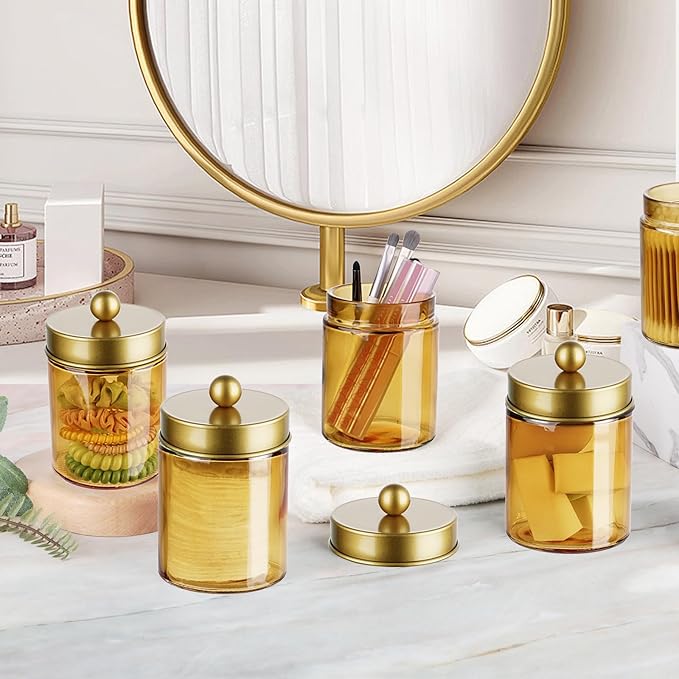 Amolliar Bronze Glass Apothecary Jar With Metal Lid & Stickers, Bathroom Qtip Dispenser Storage Canister, Perfect for Cotton Balls, Cotton Swabs, Makeup Pads, Bath Salt, Floss, 2 Pack(Gold)