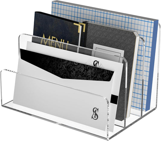 Acrylic File Holder 3 Compartment, Clear Desk File Organizer, Office Magazine File Folder Organizer Desktop for Calculate, Books