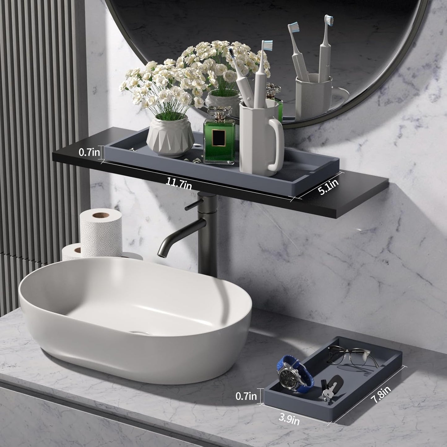 BBK Bathroom Vanity Tray- 2 Pack (7.8" and 11.8") Silicone Bathroom Tray for Counter, Perfume Key Trinket Ring Tray, Decor Soap Dispenser Countertop Tray for Kitchen Sink Organization.(Gray)