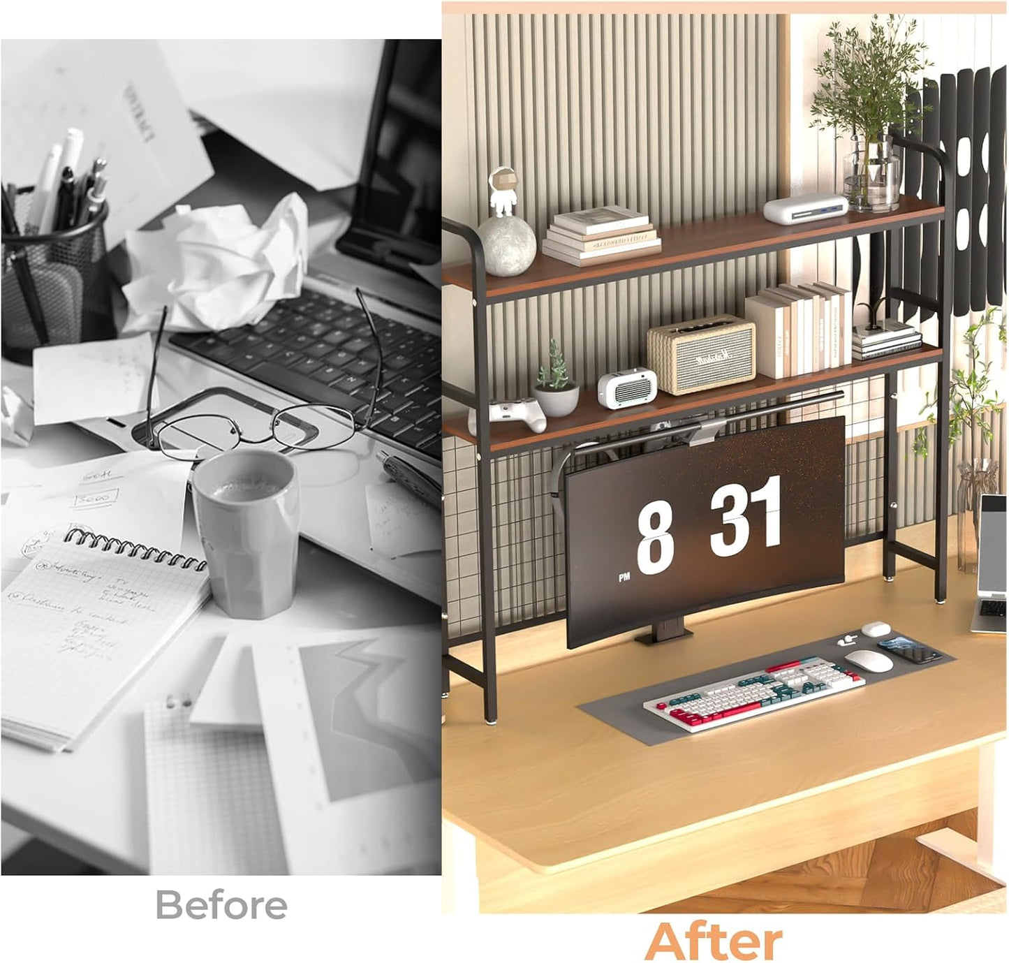 GCCSJ Bookshelf for Desk，2-Tier Desktop Bookshelf Organizer，Multifunctional Desktop Bookcase with Metal Frame & Wood Shelves，Perfect for Organizing Books, Magazines, Office Supplies - Brown