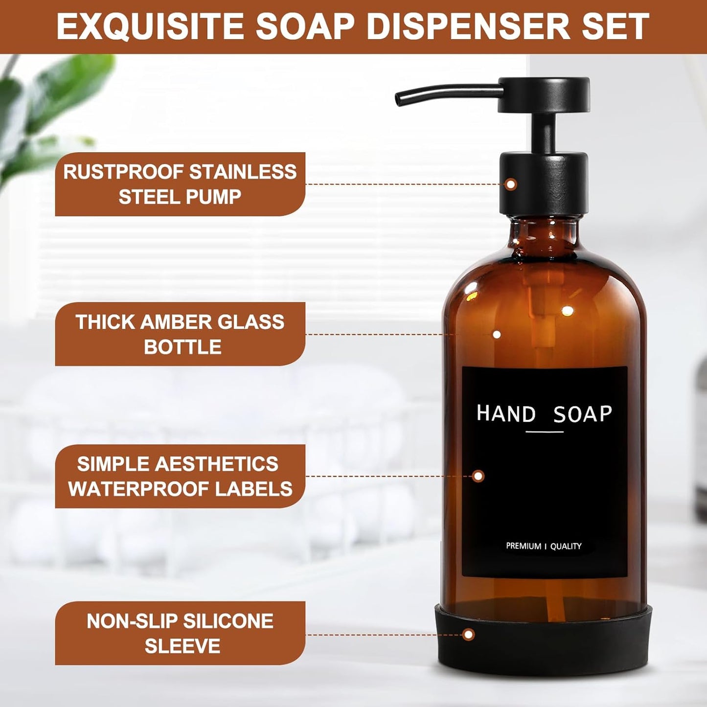 Amber Glass Soap Dispenser 2 Pack, Hand Soap Dispenser Bathroom with Stainless Steel Pump, 16.9 Fl oz Hand and Dish Soap Dispensers Set Kitchen, Modern Brown Soap Lotion Dispensers Bottle