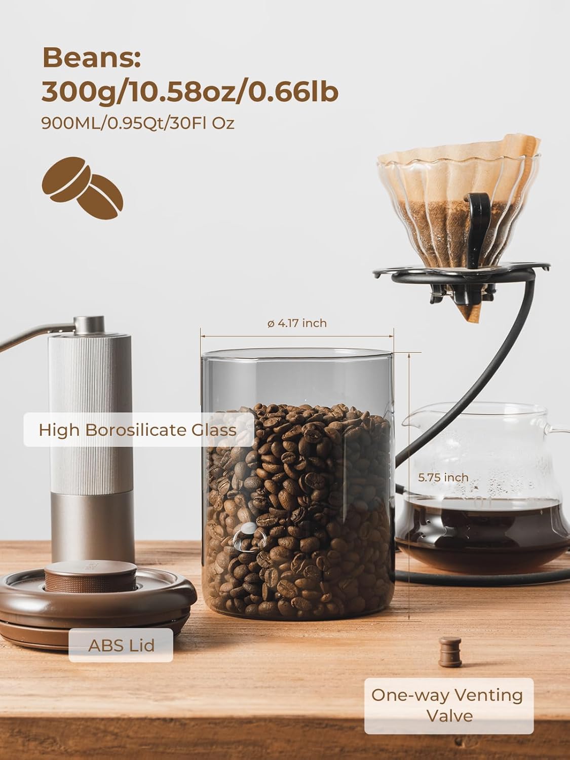 Ground Coffee Glass Container Airtight 10 oz – Pop Top Ground Coffee Canister with CO₂ Valve, 0.63lb Coffee Bean Container, UV Resistant