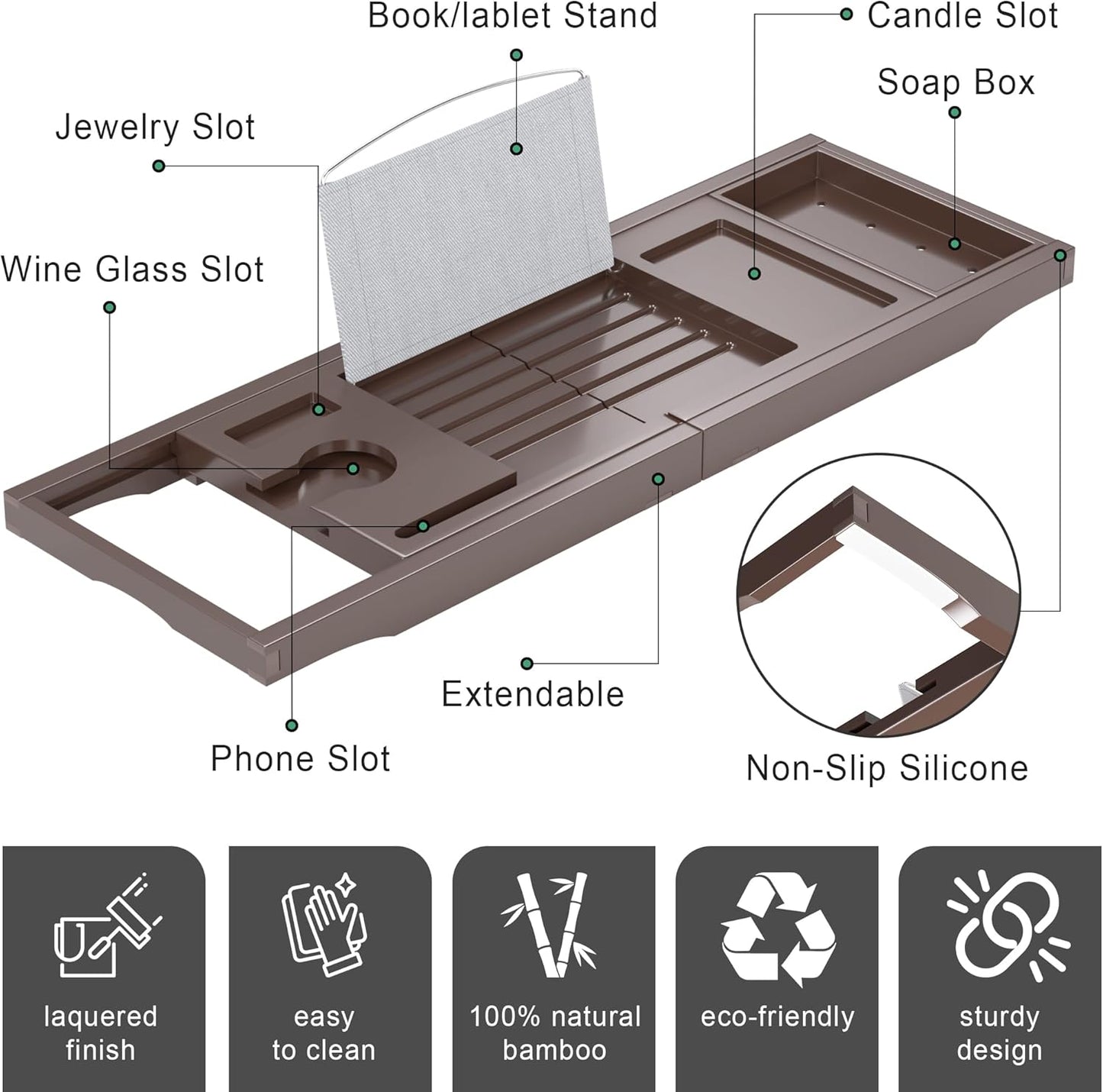 Foldable Bathtub Caddy Tray for Tub,Bamboo Expandable Bath Table Trays,Premium Bathroom Accessories for New Home & Mothers Day & Birthday Gifts for Couples,Brown