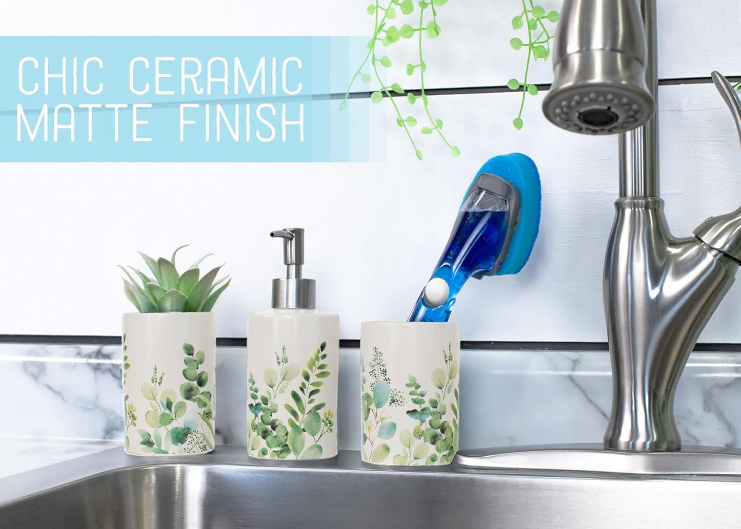 NAT & Jules Chic Modern Rounded 4.5 inch Ceramic Bathroom Accessories Set of 4 - Home Décor & Organization Perfect for Bath or Kitchen Household Essentials, Floral Greenery on Cream White