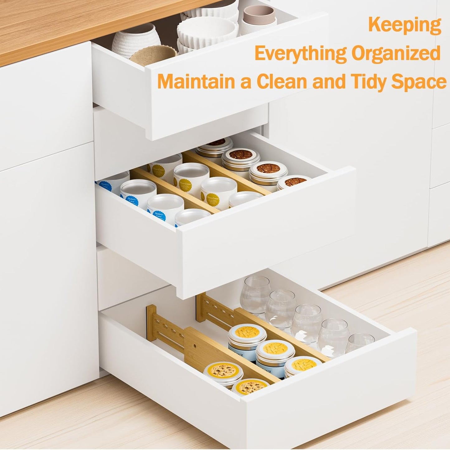 Bamboo Drawer Dividers 4" High, 16.5-22" Adjustable Drawer Organizers for Clothes,Expandable Dresser Separators in Bedroom/Kitchen/Bathroom/Office Organization and Storage,4 Pack