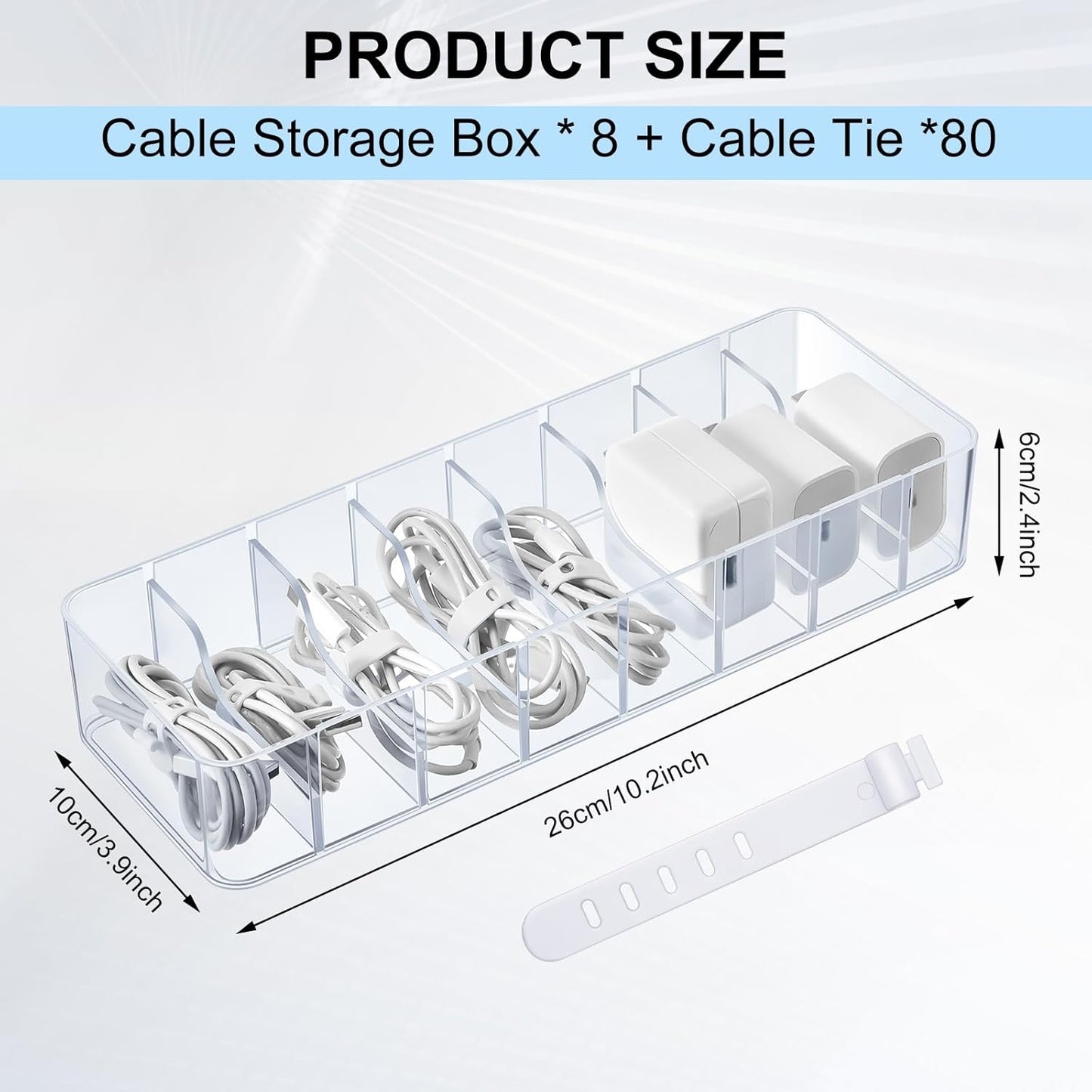 Tatuo 8 Pcs Cable Organizer with 80 Wire Ties, Plastic Cord Storage Charger Box Electronics Organizer with Adjustment Compartments Cable Storage for Drawer Home Office Desk Accessories (Clear)