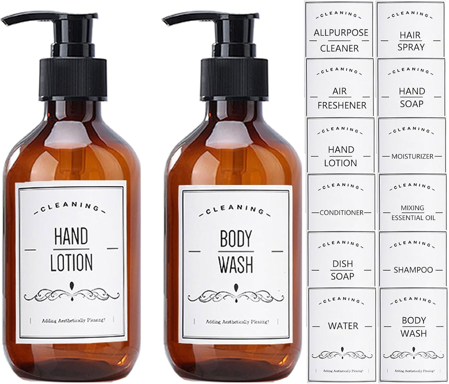 2 Pack Amber Plastic Soap Dispenser, 16 oz Bathroom Pump Bottles Dispenser Refillable Containers with Labels for Lotion Shampoo Body Wash Hand Dish Soap
