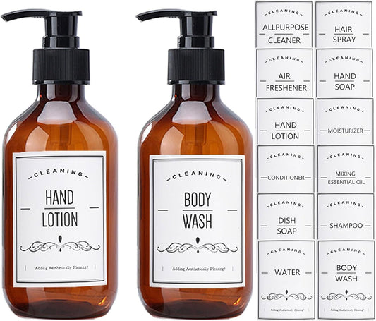 2 Pack Amber Plastic Soap Dispenser, 16 oz Bathroom Pump Bottles Dispenser Refillable Containers with Labels for Lotion Shampoo Body Wash Hand Dish Soap