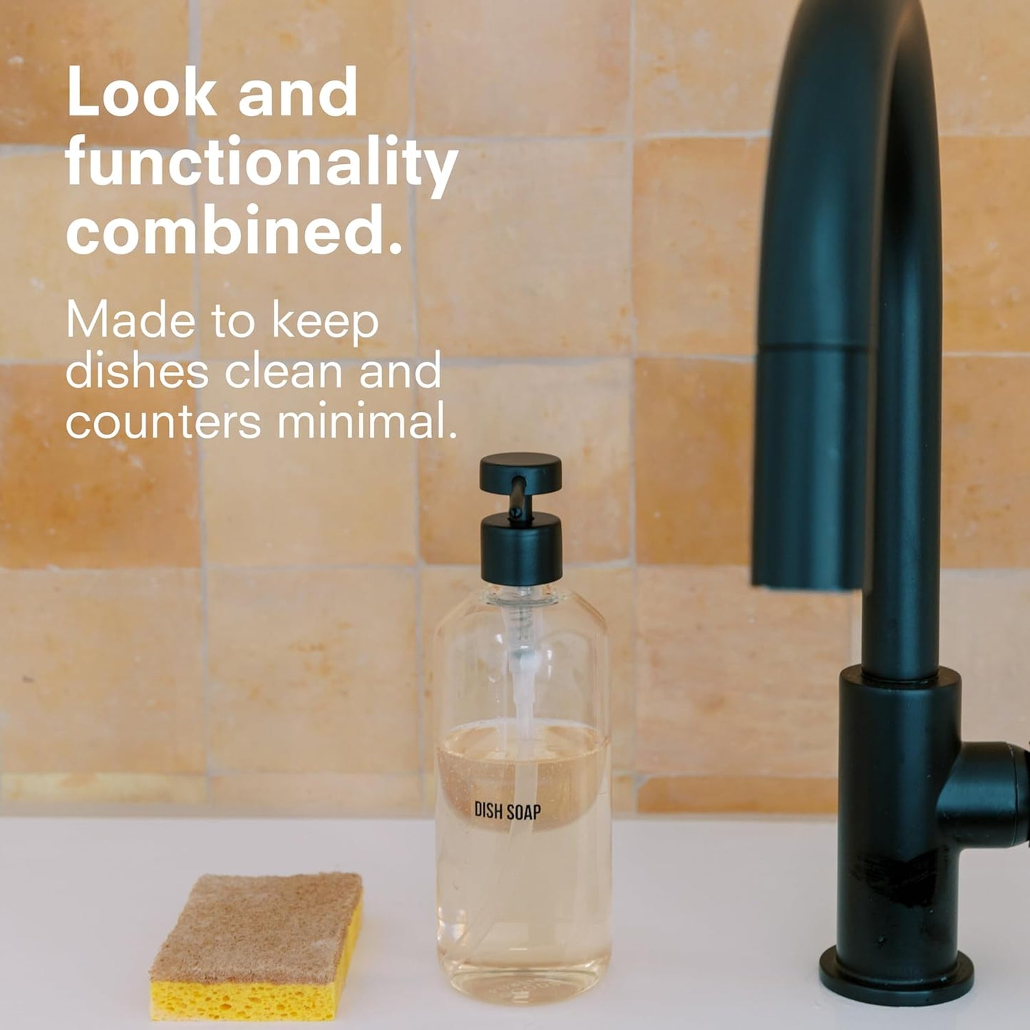 Public Goods Glass Dish Soap Dispenser Pump for Kitchen Sink | Liquid Dish Soap Refill Bottle | Made with Clear Borosilicate Glass and Black Stainless Steel | 16 Oz Dispenser