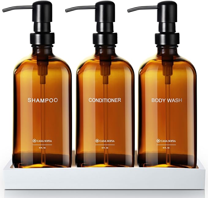 Amber Glass Shampoo and Conditioner Dispenser Set – Refillable 16 OZ Bottles with Pump, Concrete Tray Included – Modern Bathroom Organization