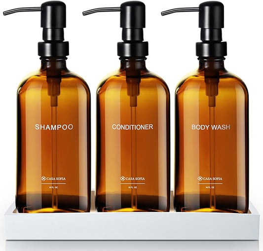 Amber Glass Shampoo and Conditioner Dispenser Set – Refillable 16 OZ Bottles with Pump, Concrete Tray Included – Modern Bathroom Organization