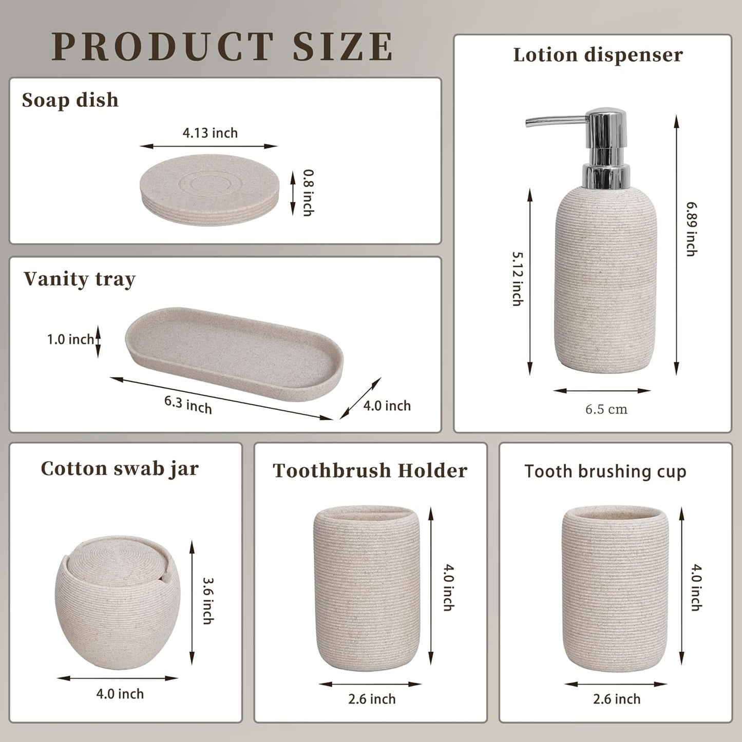 Bathroom Accessory Set, 6PCS Beige Bathroom Accessories - Soap Dish, Lotion Dispenser, Toothbrush Holder, Mouthwash Cup, Tray, Cotton Ball Jar, Aesthetic Decor Bathroom Sets