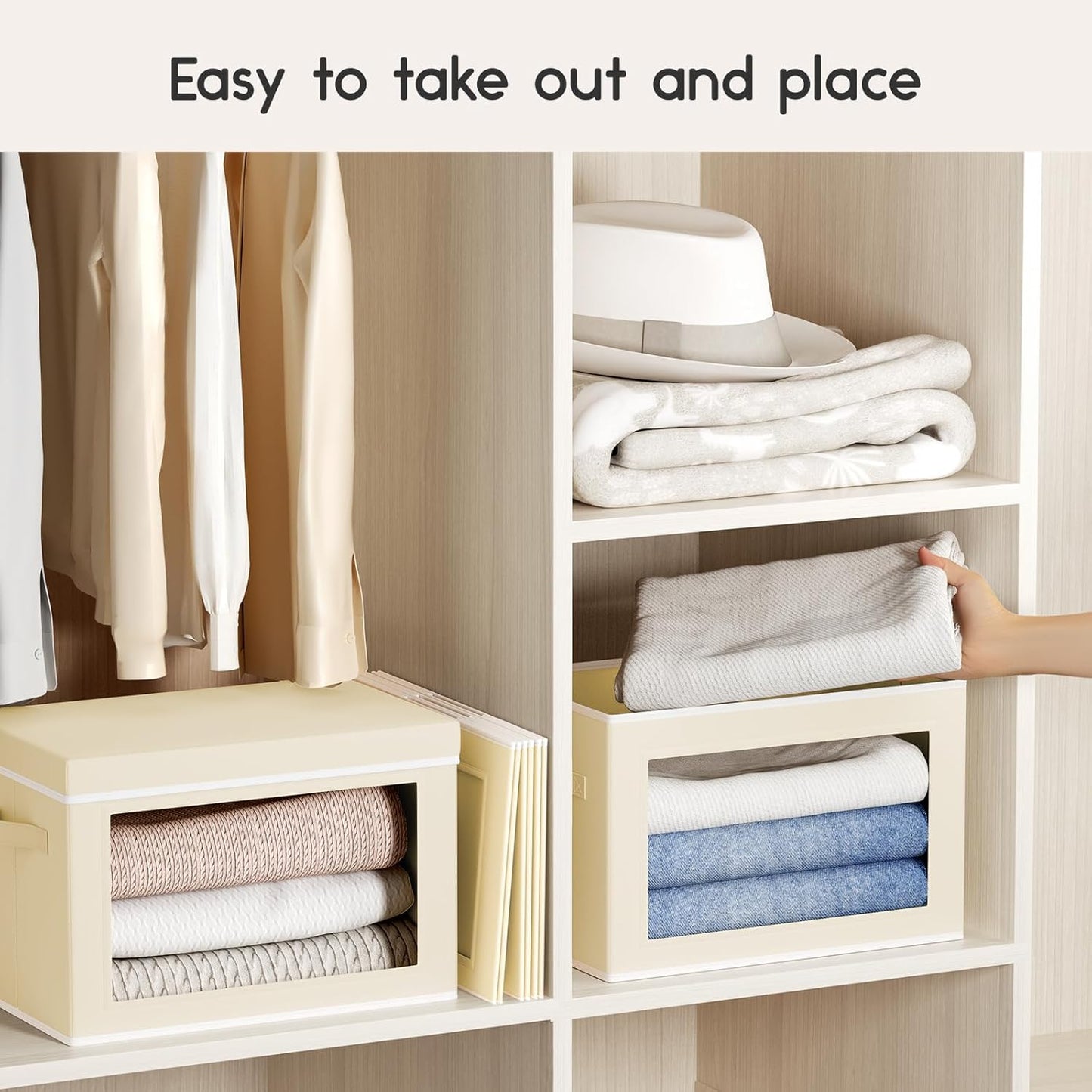 Collapsible Storage Bins with Lids - Stackable Storage Containers with Window, 1 Pack Fabric Organizing Bins for Closet, Home & Office Organization Baskets, Beige, 14.9" x 9.8" x 9.8"